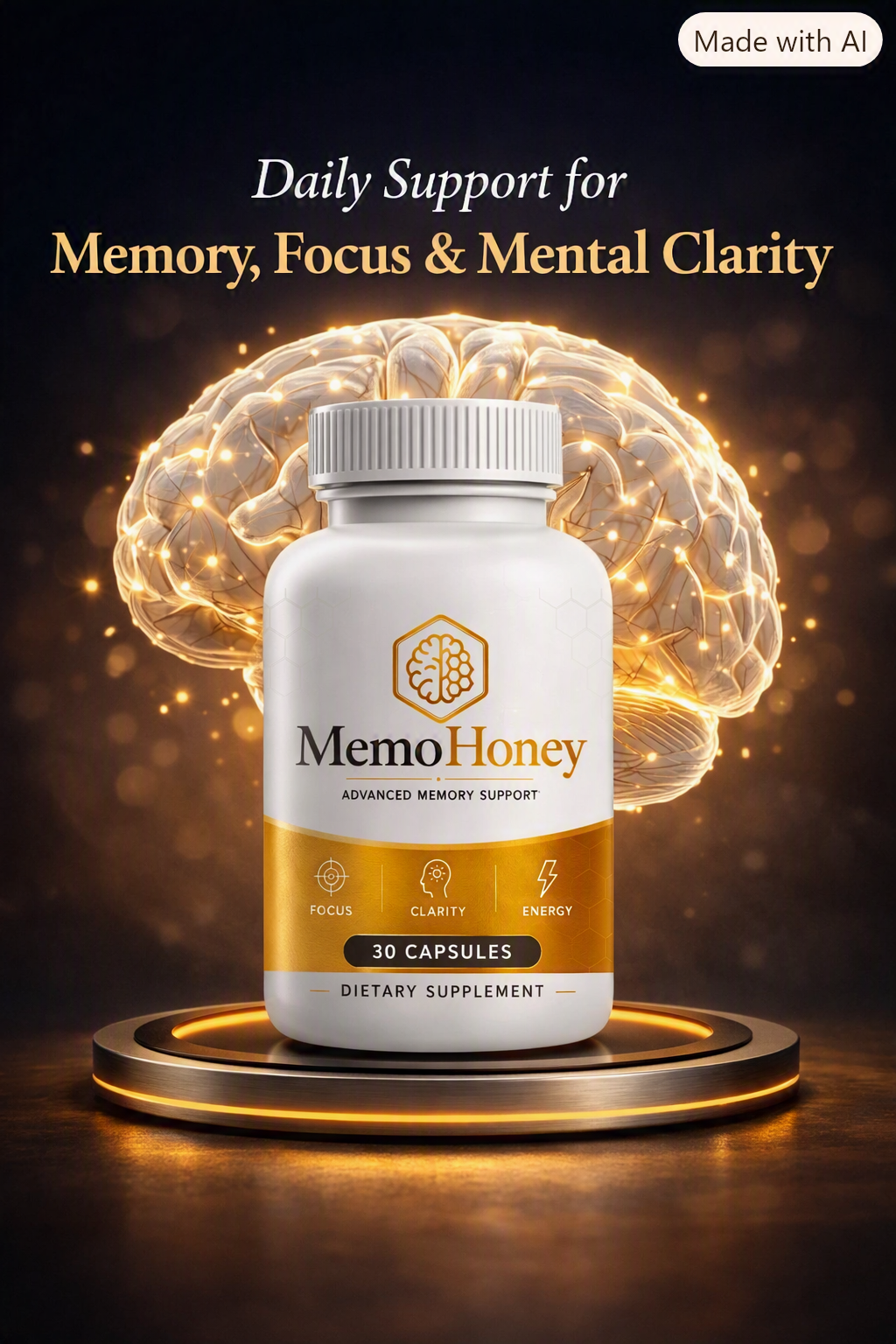 MemoHoney bottle with daily support for memory, focus and mental clarity