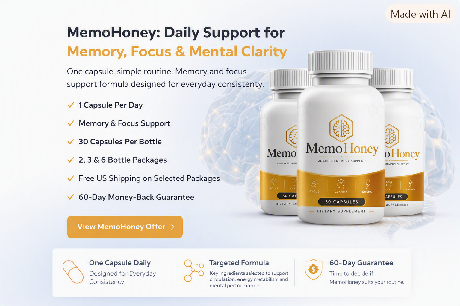 MemoHoney daily support: 1 capsule per day, memory and focus support, free shipping, 60-day guarantee